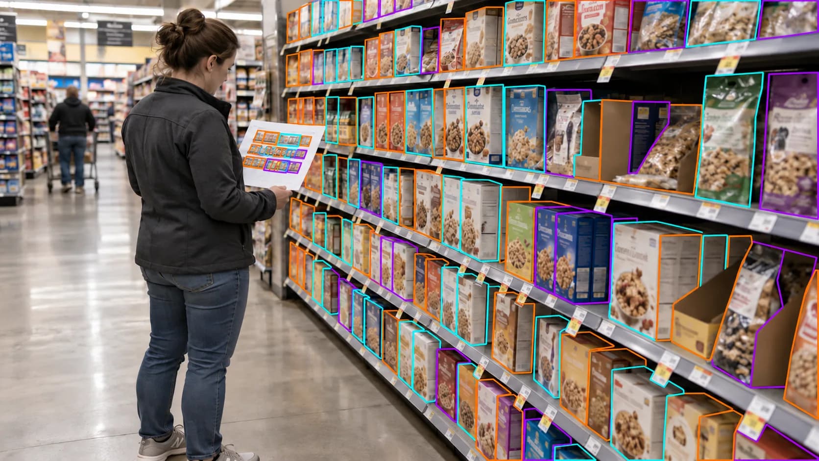 Auditor comparing cereal shelves with a printed planogram, with colored outlines marking product positions on the shelves and layout.